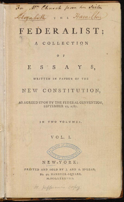 Title page of the first collection of The Federalist Papers (1788) Obtained form Wikipedia